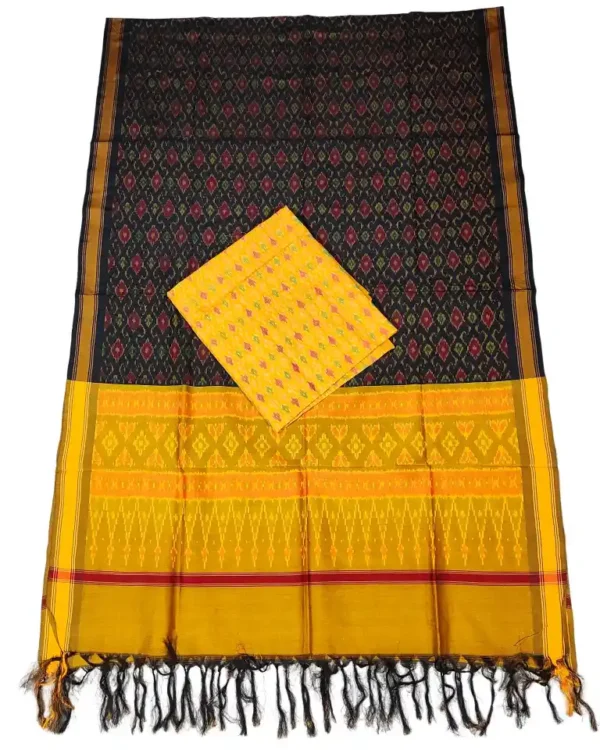 Pochampally Ikat COTTON silk suit with intricate handloom weaving patterns, showcasing traditional geometric designs, bordered with rich detailing.