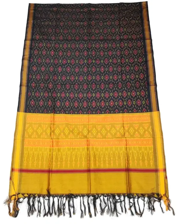 Pochampally Ikat COTTON silk suit with intricate handloom weaving patterns, showcasing traditional geometric designs, bordered with rich detailing.