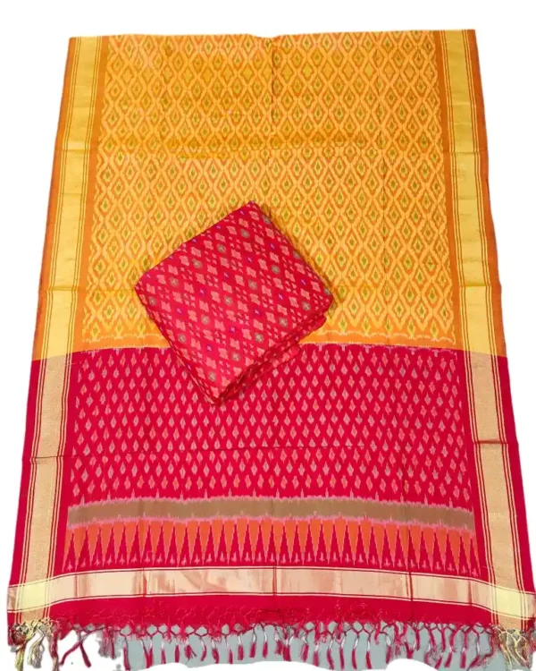 Pochampally Ikat COTTON silk suit with intricate handloom weaving patterns, showcasing traditional geometric designs, bordered with rich detailing.