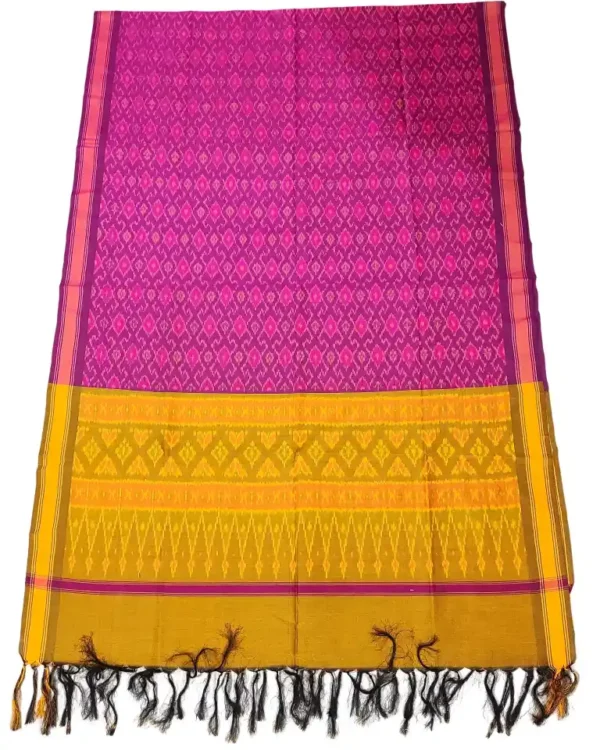 Pochampally Ikat COTTON silk suit with intricate handloom weaving patterns, showcasing traditional geometric designs, bordered with rich detailing.