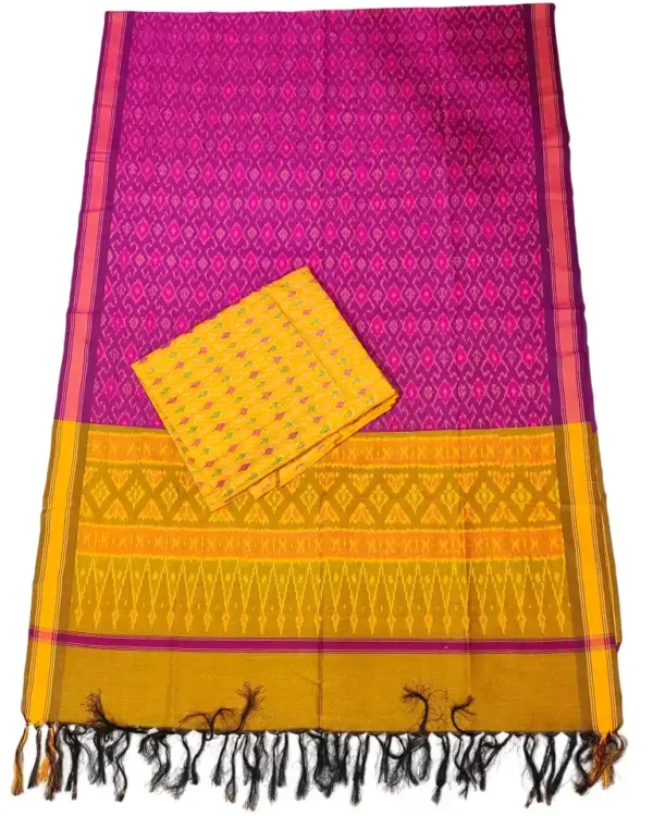 Pochampally Ikat COTTON silk suit with intricate handloom weaving patterns, showcasing traditional geometric designs, bordered with rich detailing.