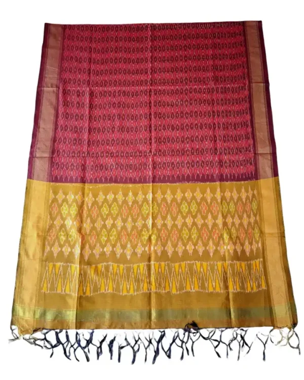 "Elegant Pochampally silk dupatta with traditional ikat pattern in vibrant colors, made from cotton silk fabric"