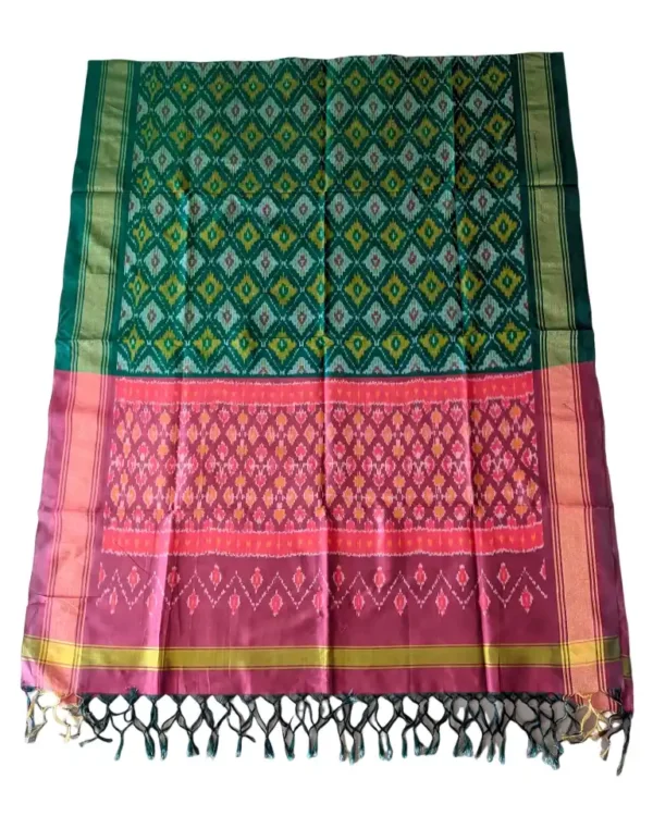 "Elegant Pochampally silk dupatta with traditional ikat pattern in vibrant colors, made from cotton silk fabric"