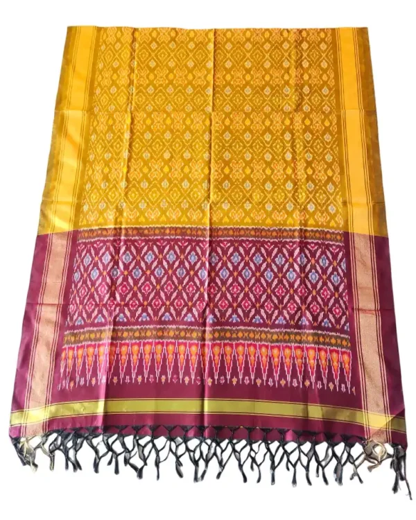 "Elegant Pochampally silk dupatta with traditional ikat pattern in vibrant colors, made from cotton silk fabric"