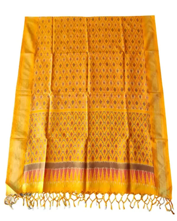 "Elegant Pochampally silk dupatta with traditional ikat pattern in vibrant colors, made from cotton silk fabric"