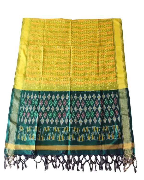 "Elegant Pochampally silk dupatta with traditional ikat pattern in vibrant colors, made from cotton silk fabric"