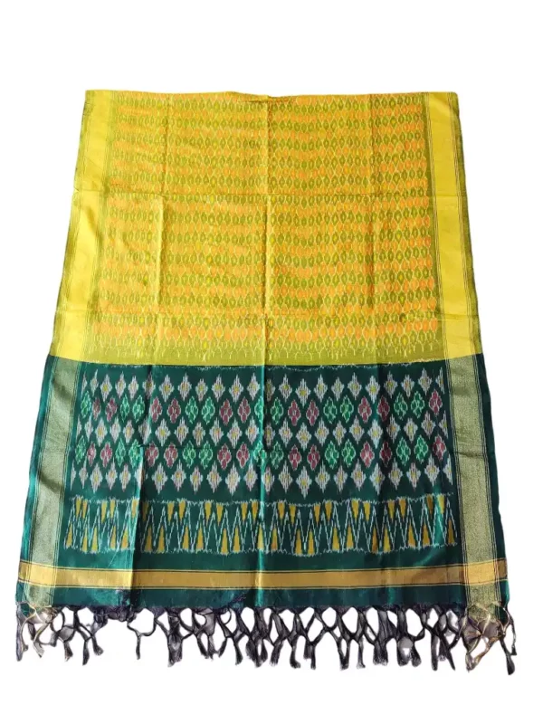 "Elegant Pochampally silk dupatta with traditional ikat pattern in vibrant colors, made from cotton silk fabric"