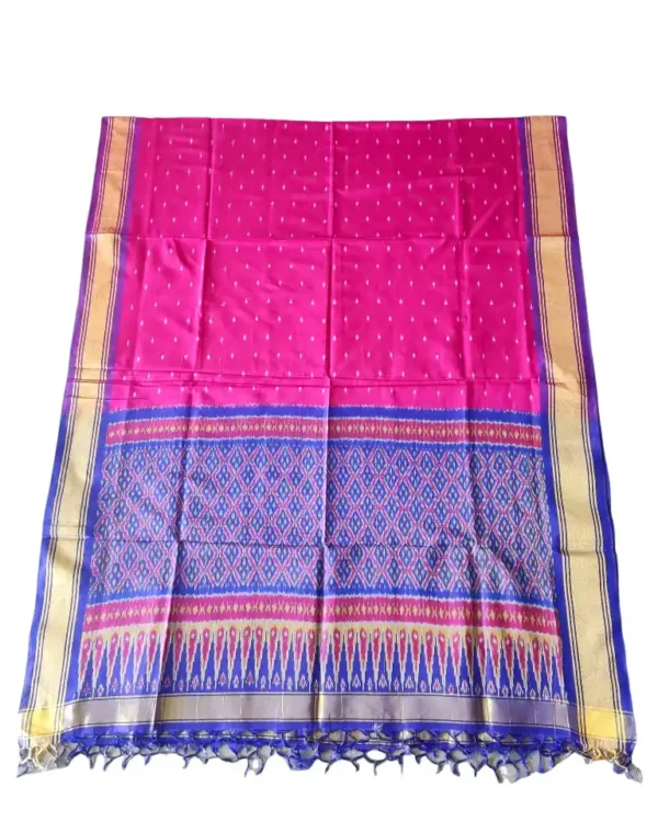 "Elegant Pochampally silk dupatta with traditional ikat pattern in vibrant colors, made from cotton silk fabric"