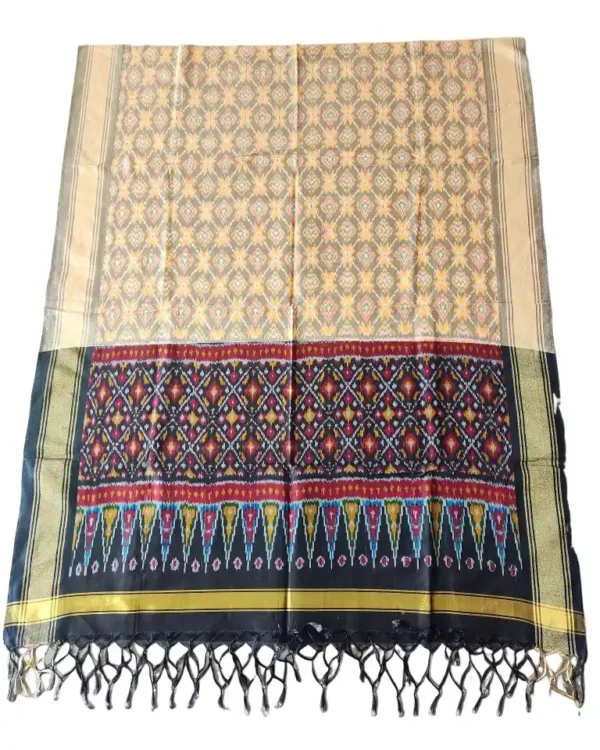 "Elegant Pochampally silk dupatta with traditional ikat pattern in vibrant colors, made from cotton silk fabric"