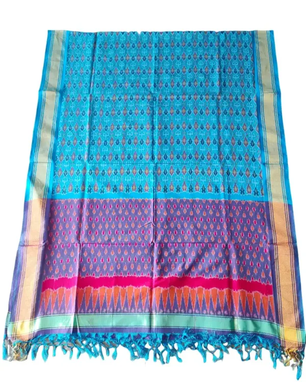 "Elegant Pochampally silk dupatta with traditional ikat pattern in vibrant colors, made from cotton silk fabric"