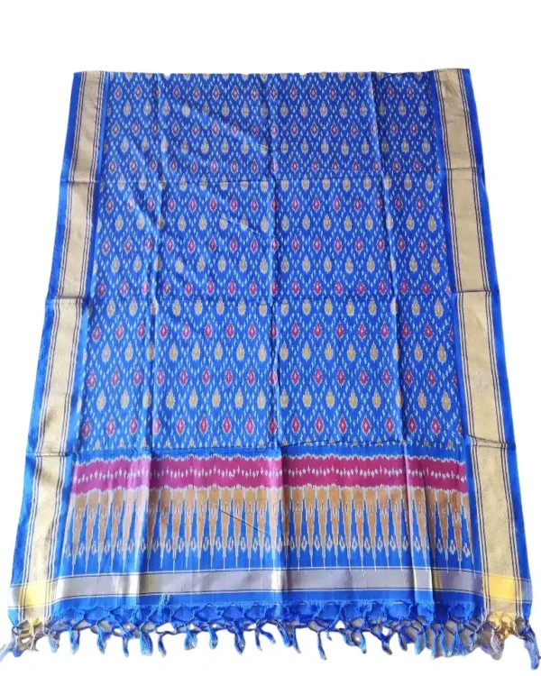 "Elegant Pochampally silk dupatta with traditional ikat pattern in vibrant colors, made from cotton silk fabric"
