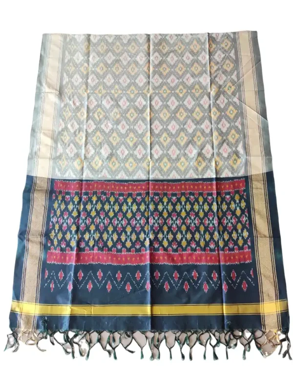 "Elegant Pochampally silk dupatta with traditional ikat pattern in vibrant colors, made from cotton silk fabric"