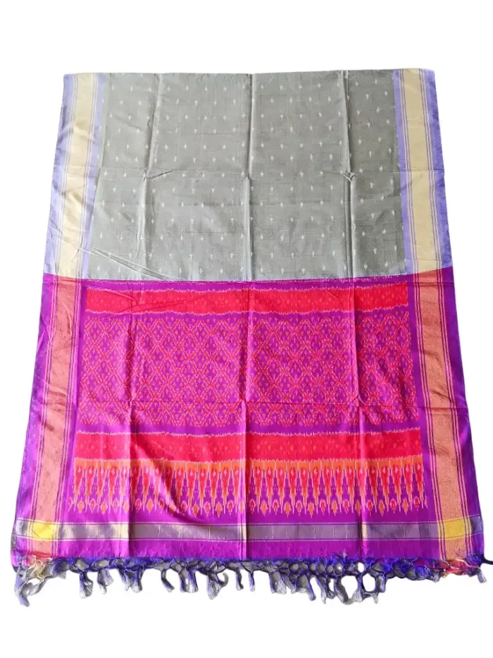 "Elegant Pochampally silk dupatta with traditional ikat pattern in vibrant colors, made from cotton silk fabric"