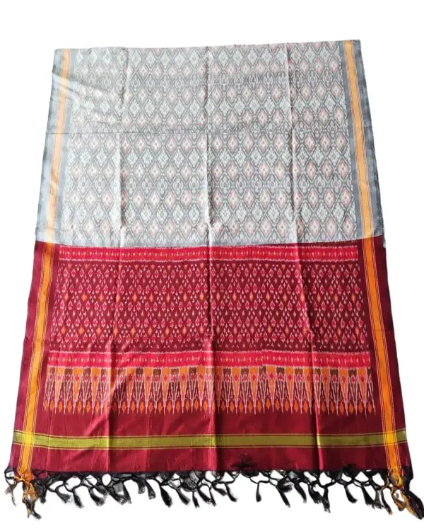 "Elegant Pochampally silk dupatta with traditional ikat pattern in vibrant colors, made from cotton silk fabric"