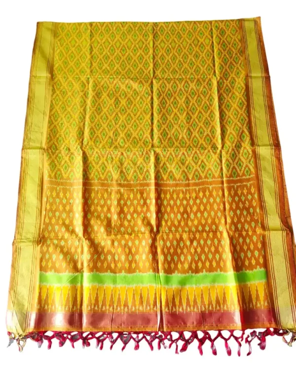 "Elegant Pochampally silk dupatta with traditional ikat pattern in vibrant colors, made from cotton silk fabric"