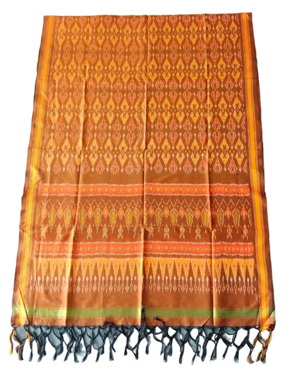 "Elegant Pochampally silk dupatta with traditional ikat pattern in vibrant colors, made from cotton silk fabric"