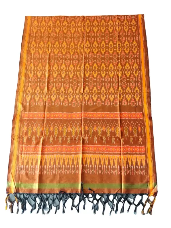 "Elegant Pochampally silk dupatta with traditional ikat pattern in vibrant colors, made from cotton silk fabric"