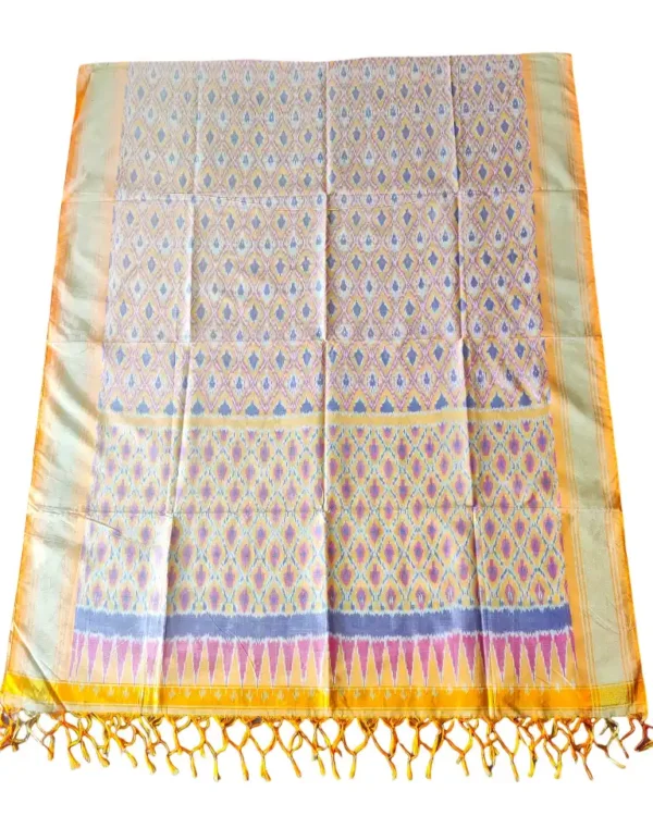 "Elegant Pochampally silk dupatta with traditional ikat pattern in vibrant colors, made from cotton silk fabric"
