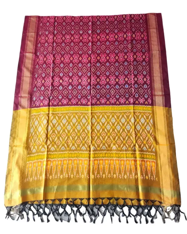 "Elegant Pochampally silk dupatta with traditional ikat pattern in vibrant colors, made from cotton silk fabric"