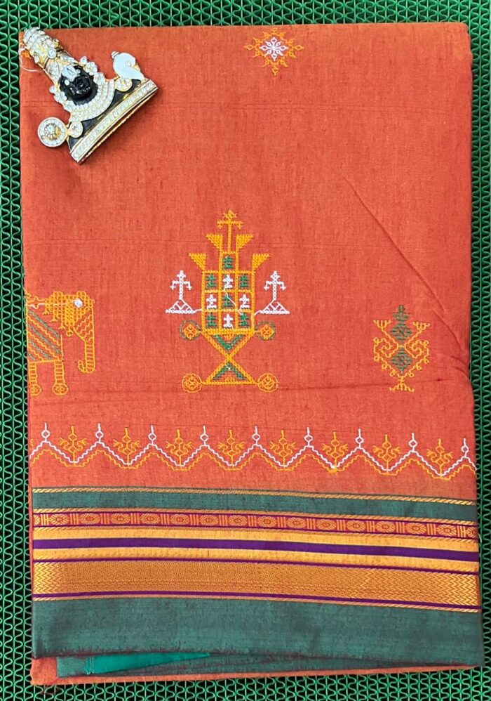 Designer Kasuti saree with geometric patterns and matching blouse piece