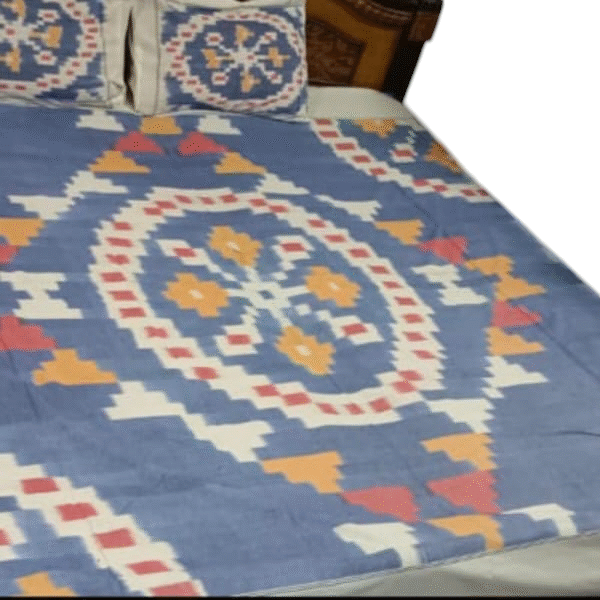 Elegant pure cotton handloom bedsheet, crafted for a king-size bed, featuring traditional weaves and vibrant colors