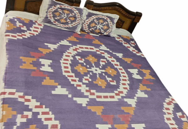 Luxurious handloom bedsheet in pure cotton, king size 9x7 feet, with matching pillow covers, showcasing intricate handwoven patterns."