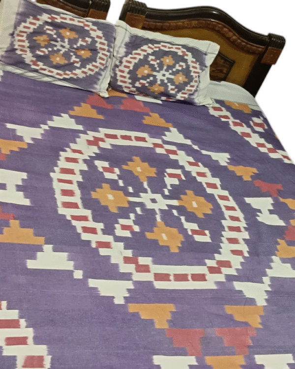 Luxurious handloom bedsheet in pure cotton, king size 9x7 feet, with matching pillow covers, showcasing intricate handwoven patterns."