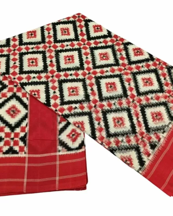 Pure cotton Pochampally saree with double ikat Teliya design, handwoven fabric, includes matching blouse piece, traditional Indian handloom.