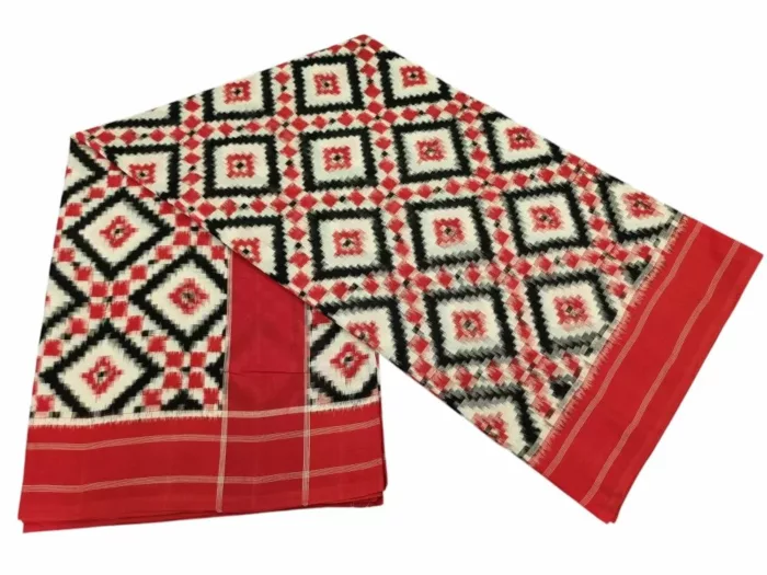 Pure cotton Pochampally saree with double ikat Teliya design, handwoven fabric, includes matching blouse piece, traditional Indian handloom.