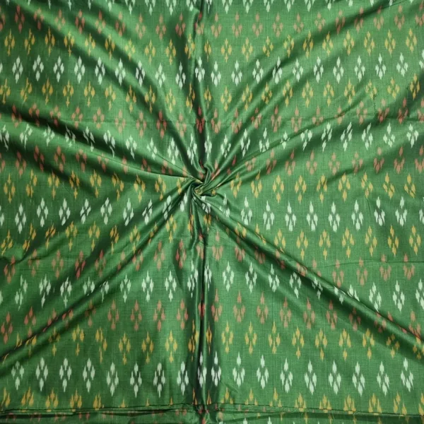 Handwoven ikat fabric with traditional geometric pattern in vibrant colors