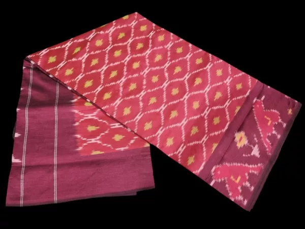 Shop our handwoven Pochampally semi silk saree with ikat design and matching blouse piece. Lightweight elegance, perfect for weddings and festive occasions.