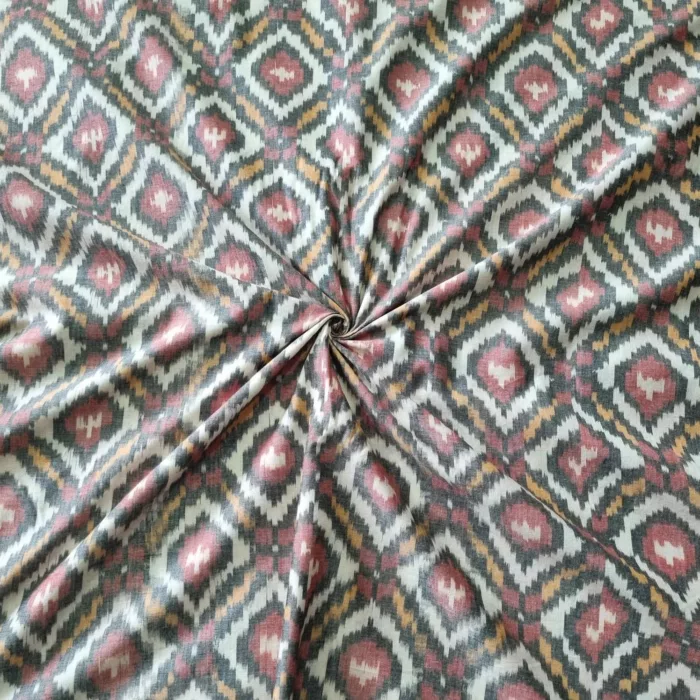 Shop premium handwoven Pochampally ikat fabric featuring a vibrant red, mustard, and white diamond pattern. Ideal for sarees, dupattas, kurtas, and home decor
