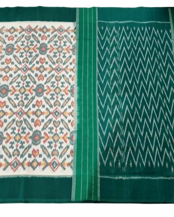 Handwoven green Ikat cotton saree with traditional pattern