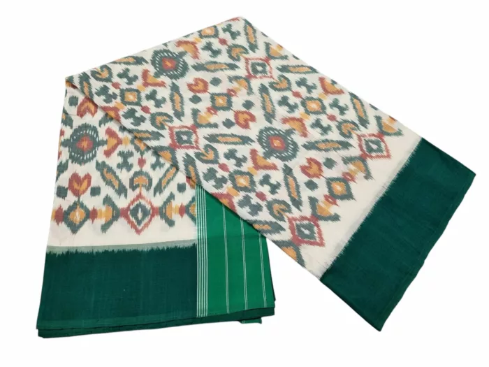Multicolor geometric and floral Ikat design saree on white base