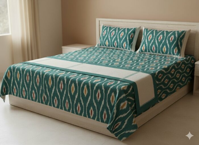 Authentic Pochampally Ikat Bedsheet – King Size 9x7 ft with 2 Pillow Covers | Handwoven - Image 2