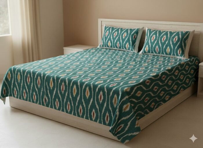 Authentic Pochampally Ikat Bedsheet – King Size 9x7 ft with 2 Pillow Covers | Handwoven - Image 1