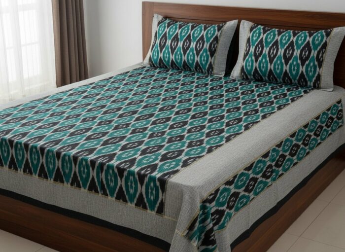 Authentic Pochampally Ikat Bedsheet – King Size 9x7 ft with 2 Pillow Covers | Handwoven - Image 1