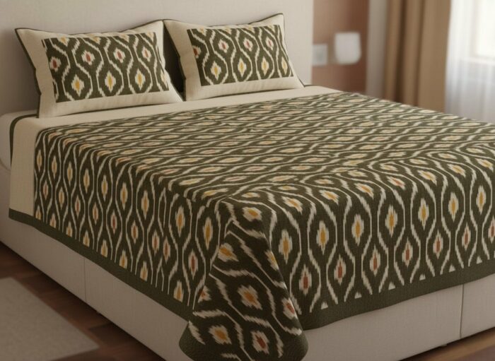 Authentic Pochampally Ikat Bedsheet – King Size 9x7 ft with 2 Pillow Covers | Handwoven - Image 1
