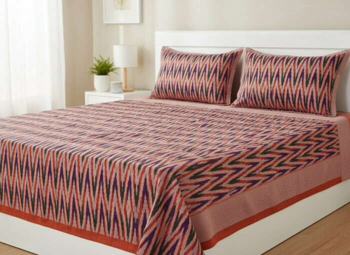 Authentic Pochampally Ikat Bedsheet – King Size 9x7 ft with 2 Pillow Covers | Handwoven - Image 1